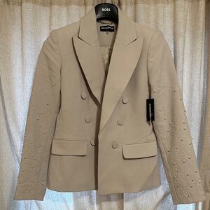 Karl Lagerfeld Beige Double-Breasted Blazer with Embellished Sleeves